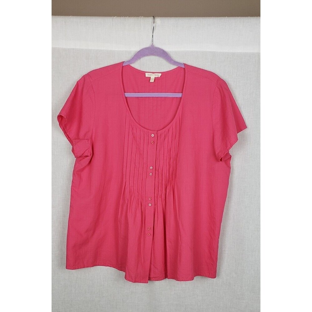 Eileen Fisher Blouse Top L Pintuck‎ Pleated Bodice Pink 100% Cotton Barbiecore